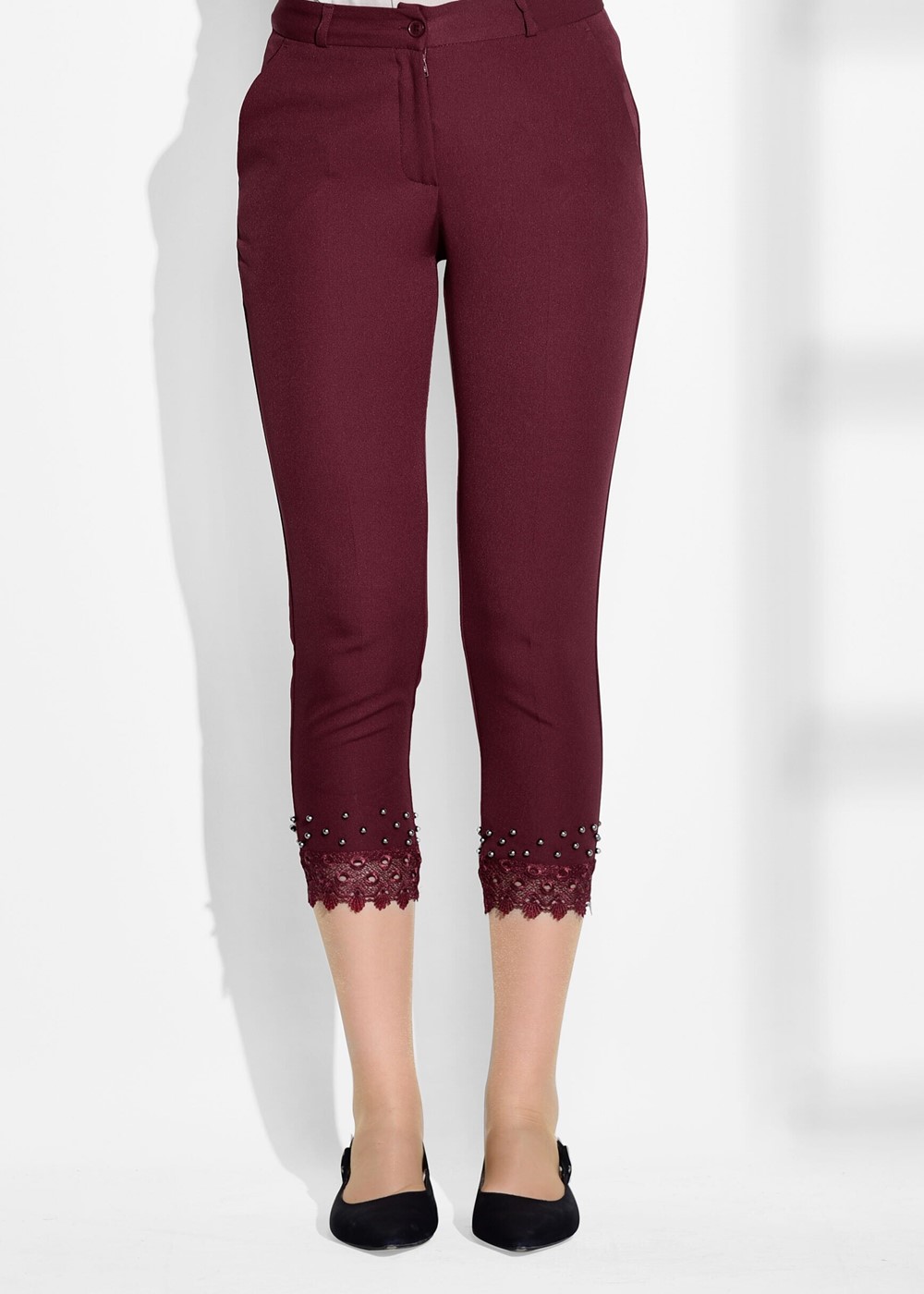Tesettür giyim BORDO DANTEL DETAYLI PANTOLON 7641 