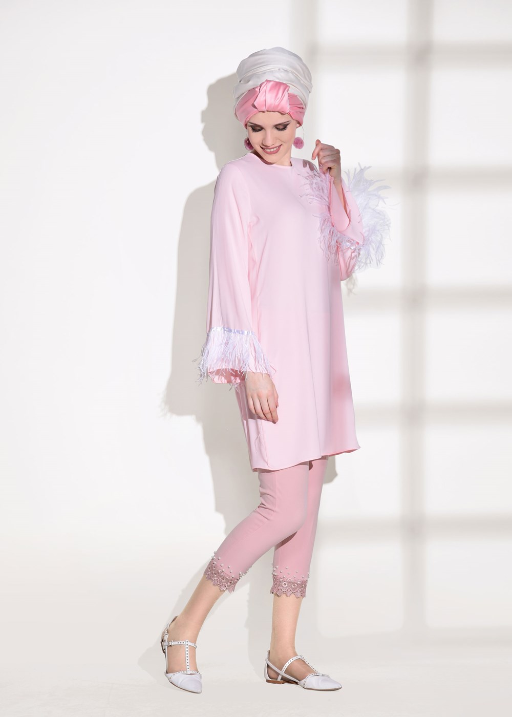 Tesettür giyim PUDRA DANTEL DETAYLI PANTOLON 7641 