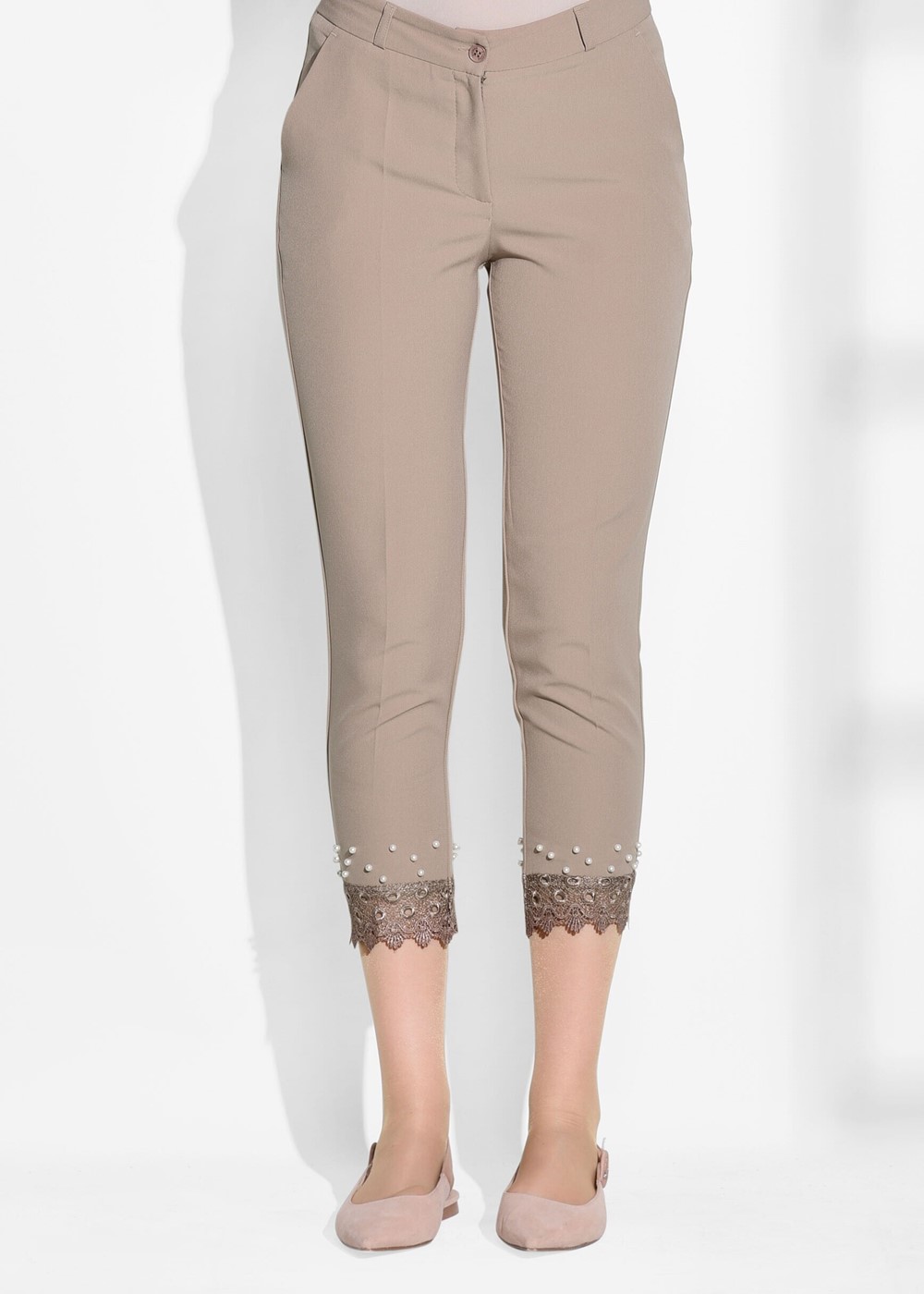 Tesettür giyim VİZON DANTEL DETAYLI PANTOLON 7641 