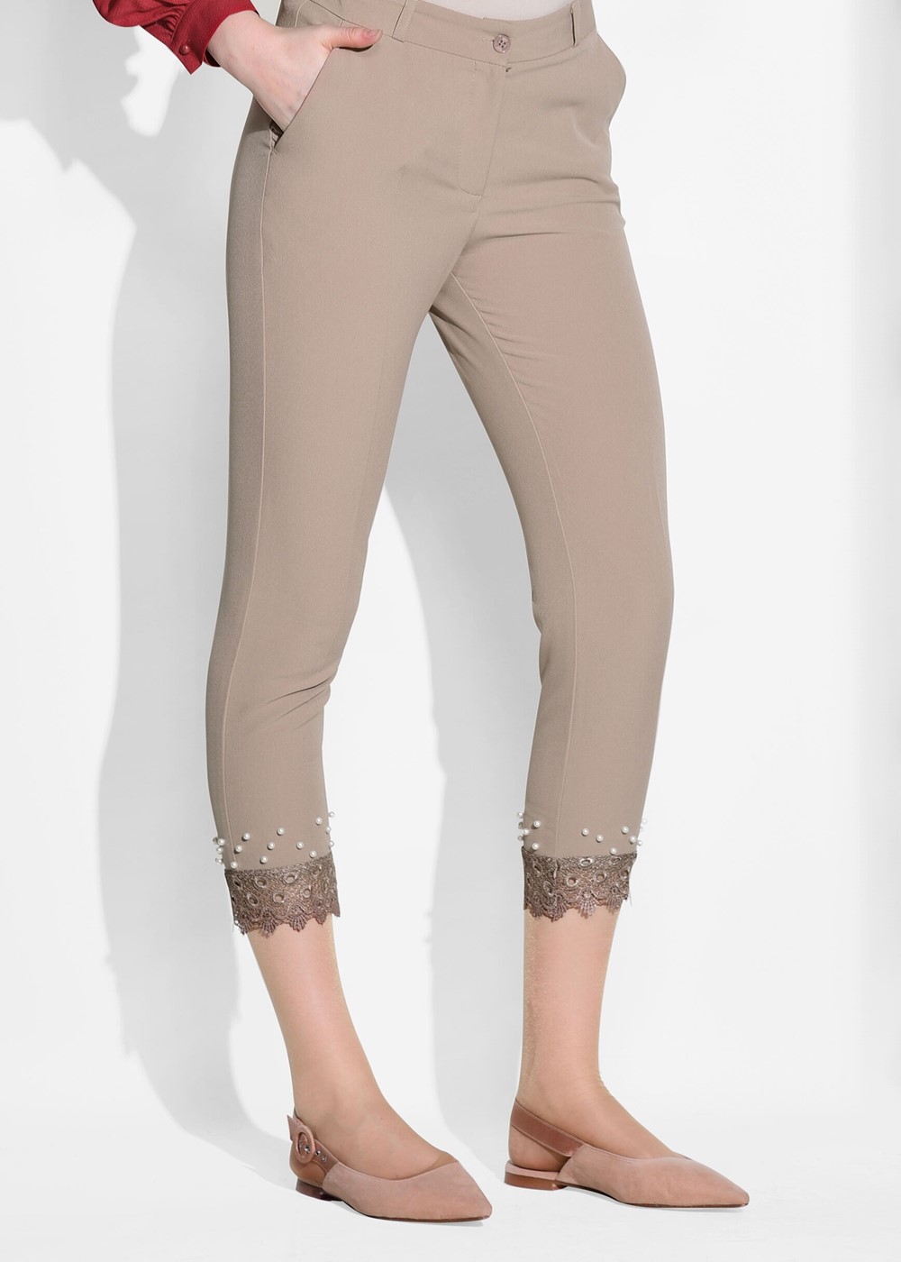 Tesettür giyim VİZON DANTEL DETAYLI PANTOLON 7641 