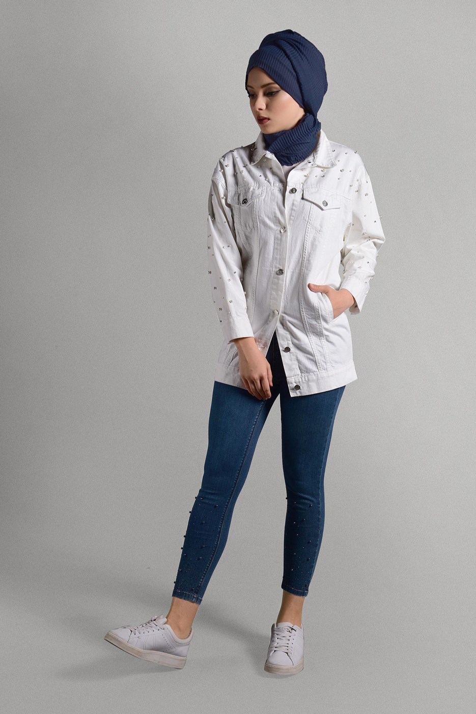 Tesettür giyim LACİVERT İNCİLİ PUL DETAYLI DENİM PANTOLON 8309 