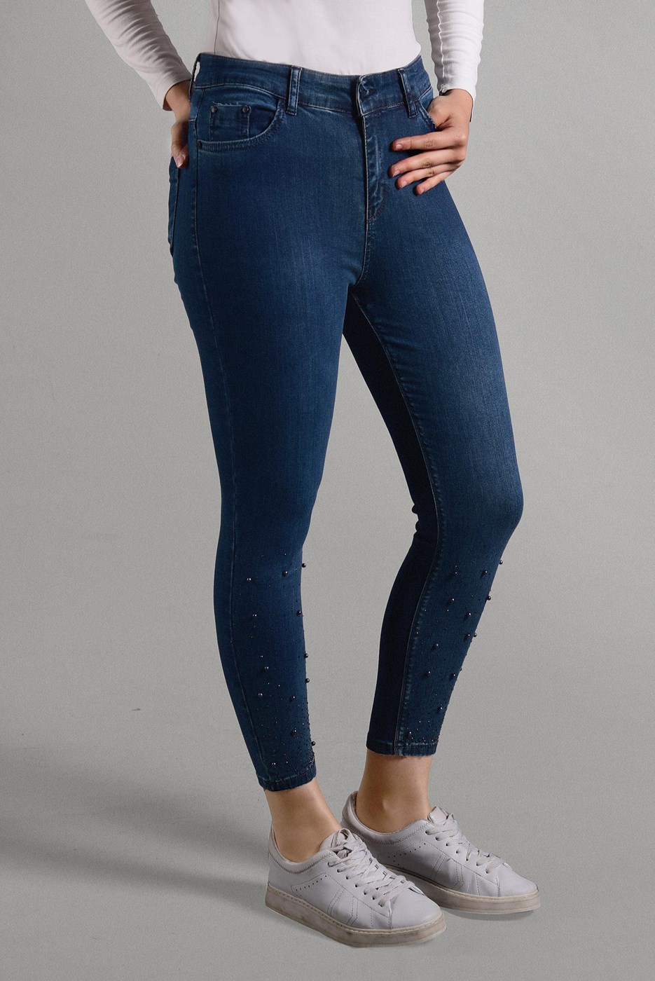 Tesettür giyim LACİVERT İNCİLİ PUL DETAYLI DENİM PANTOLON 8309 