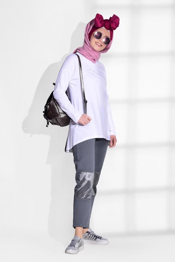 Tesettür giyim  SİMLİ PARÇA DETAYLI DENİM PANTOLON 8452  - TRENDTESETTÜR