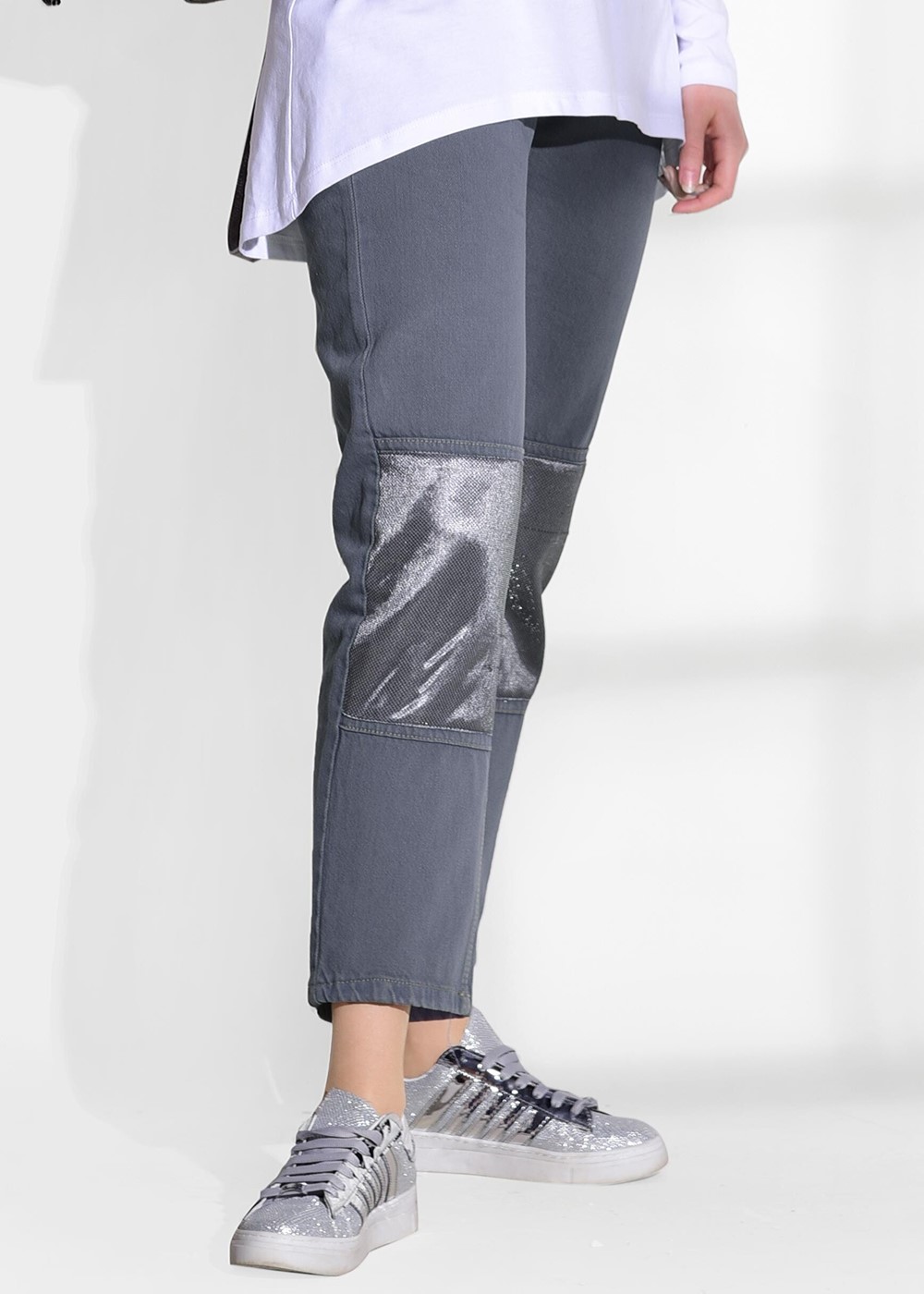 Tesettür giyim GRİ SİMLİ PARÇA DETAYLI DENİM PANTOLON 8452 