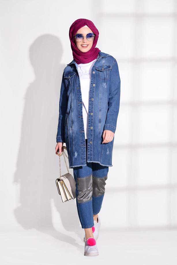 Tesettür giyim  SİMLİ PARÇA DETAYLI DENİM PANTOLON 8452  - TRENDTESETTÜR