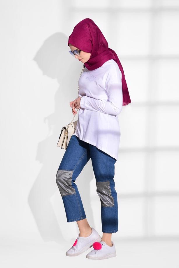 Tesettür giyim  SİMLİ PARÇA DETAYLI DENİM PANTOLON 8452  - TRENDTESETTÜR