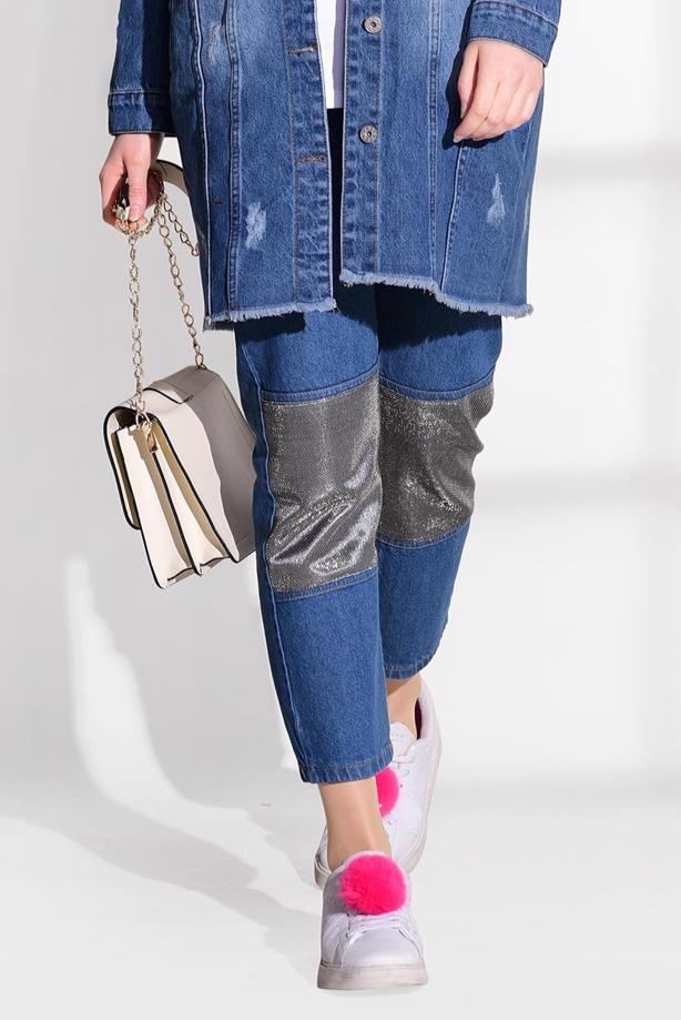 Tesettür giyim  SİMLİ PARÇA DETAYLI DENİM PANTOLON 8452  - TRENDTESETTÜR