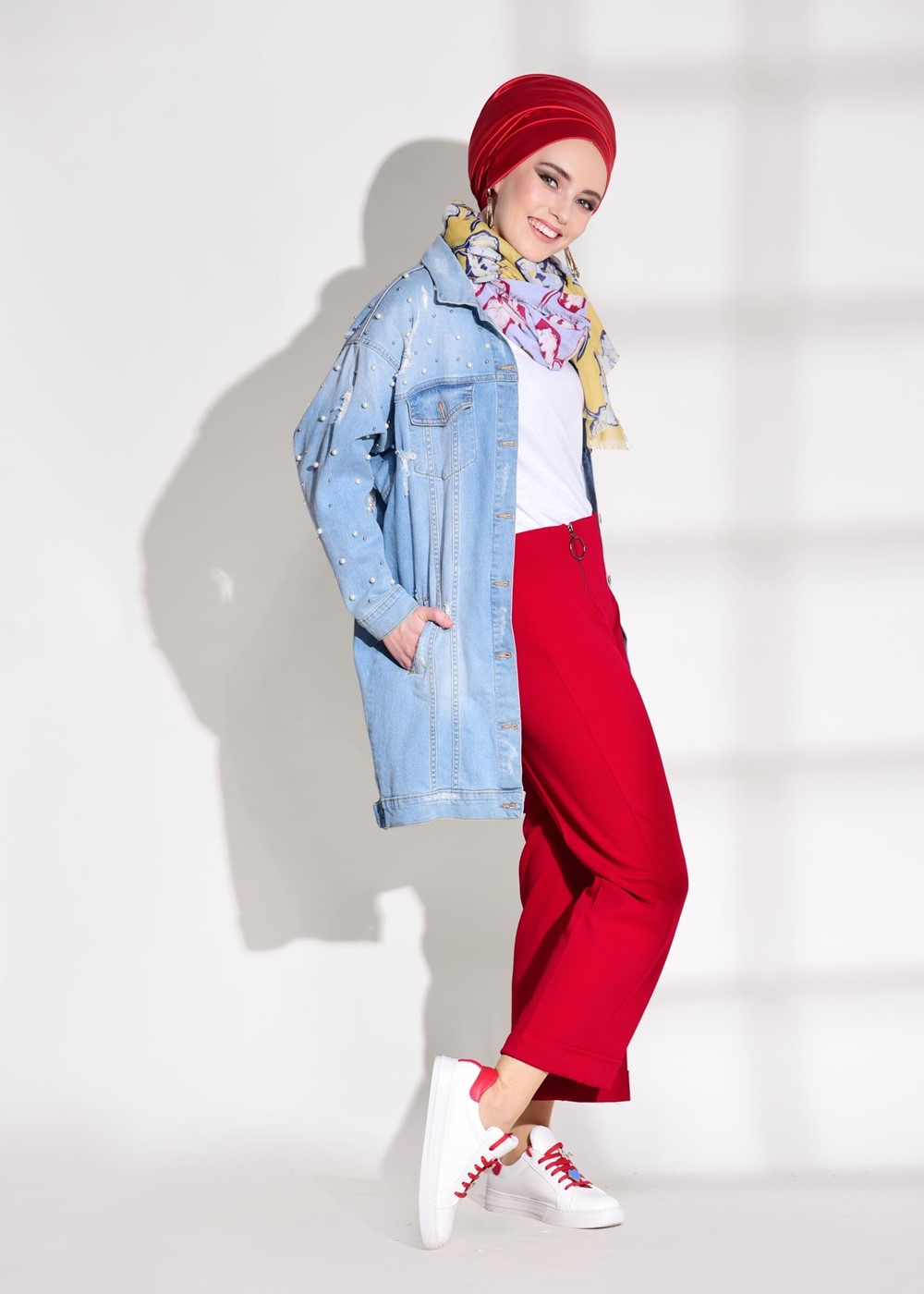 Tesettür giyim KIRMIZI T 8664 Mısra-Fermuar Detaylı Pantolon