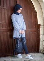 Tesettür giyim LACİVERT T 9328 Ksd- Çiçek İşlemeli Pantolon