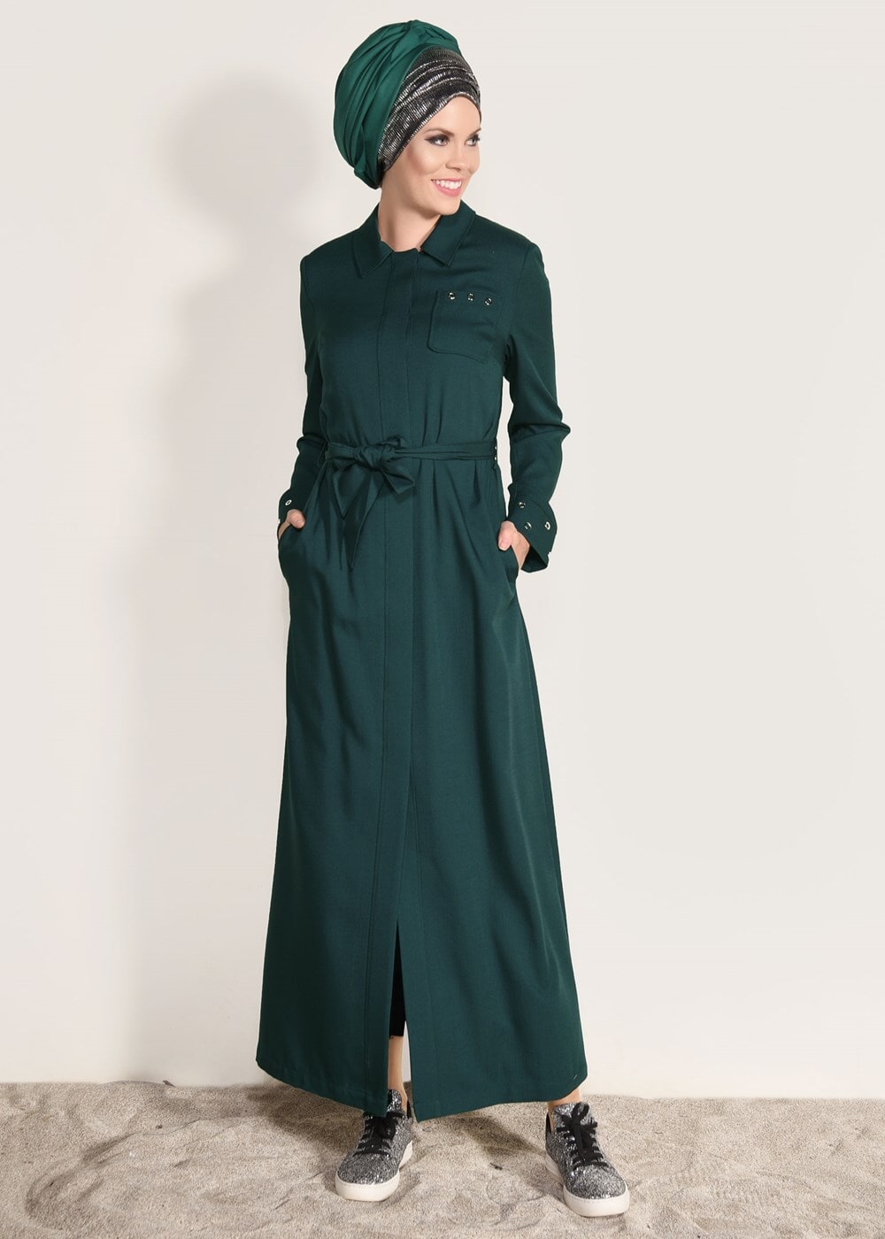 Tesettür giyim YEŞİL T 1016 Derin 8169 Pardesü-Alv Fashion