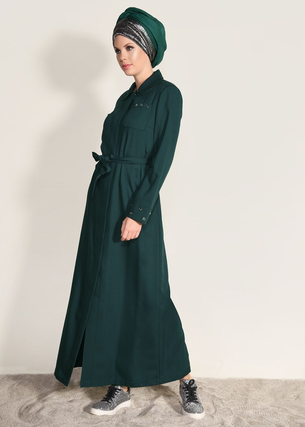 Tesettür giyim YEŞİL T 1016 Derin 8169 Pardesü-Alv Fashion