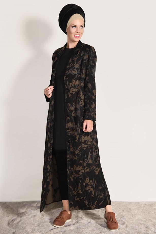 Hijab clothing BROWN PATTERNED TOPCOAT 1041  - TRENDTESETTÜR