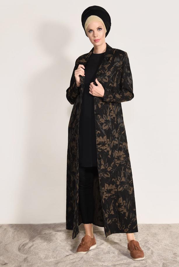 Hijab clothing BROWN PATTERNED TOPCOAT 1041  - TRENDTESETTÜR