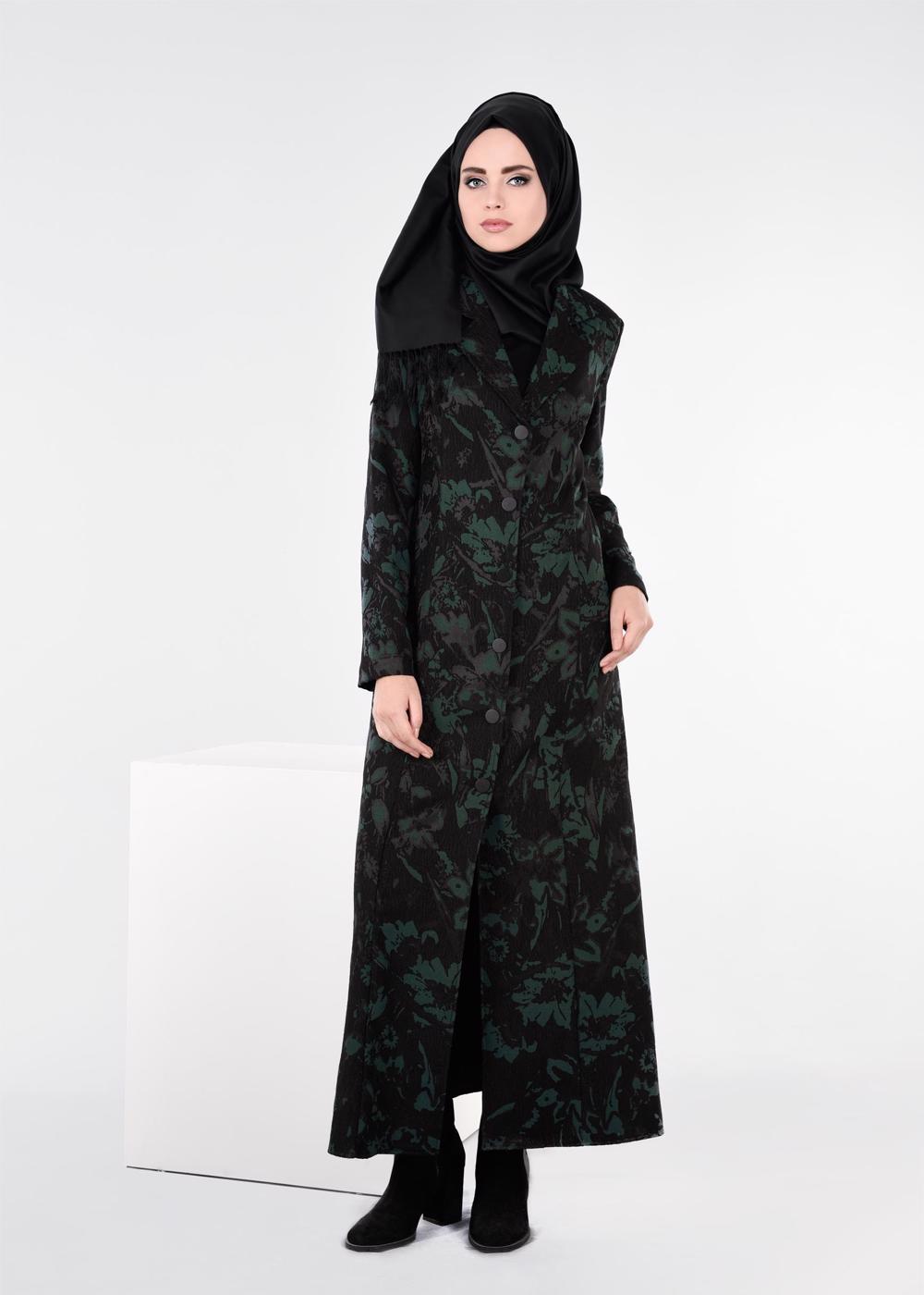 Tesettür giyim YEŞİL DESENLİ PARDESÜ 1041 