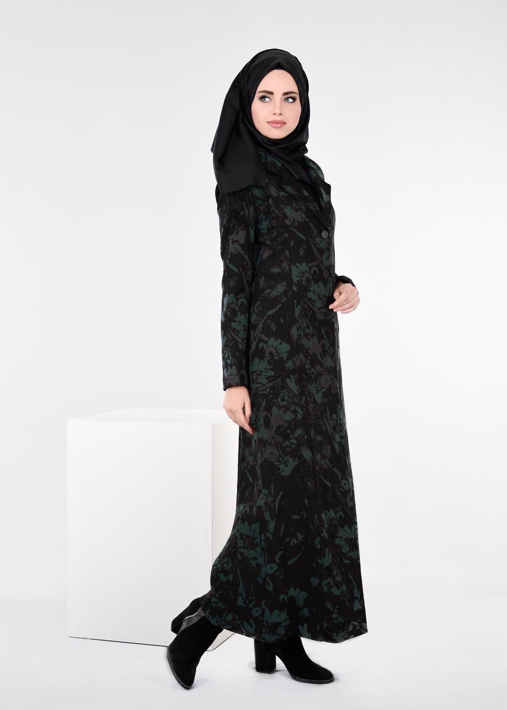 Tesettür giyim YEŞİL DESENLİ PARDESÜ 1041 