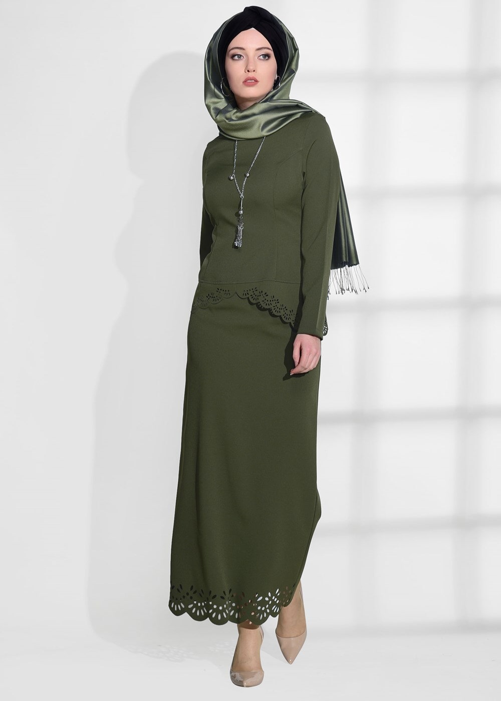 Vêtements hijab KAKI COMBINAISON JUPE DÉTAILLÉE DÉTAILLÉE AU LASER T 801