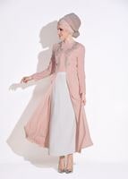 Tesettür giyim PUDRA NAKIŞ İŞLEMELİ 2&prime;Lİ ETEKLİ TAKIM 3386