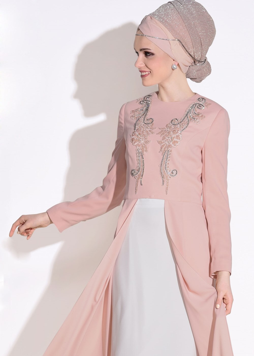 Tesettür giyim PUDRA NAKIŞ İŞLEMELİ 2&prime;Lİ ETEKLİ TAKIM 3386