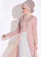 Tesettür giyim PUDRA NAKIŞ İŞLEMELİ 2&prime;Lİ ETEKLİ TAKIM 3386