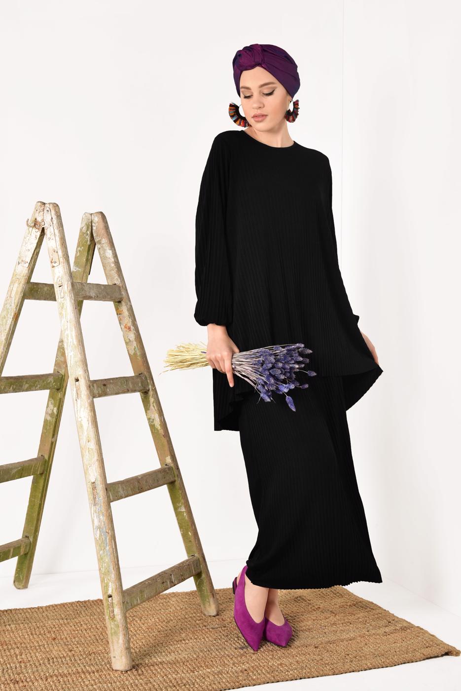 Vêtements hijab NOIR COSTUME JUPE PLISSÉE 3526