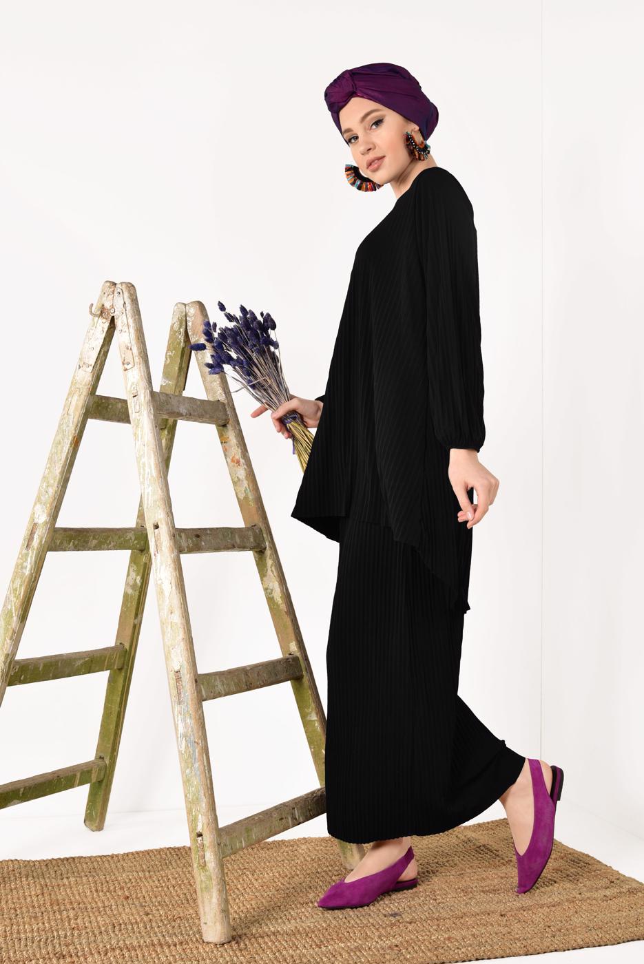 Vêtements hijab NOIR COSTUME JUPE PLISSÉE 3526