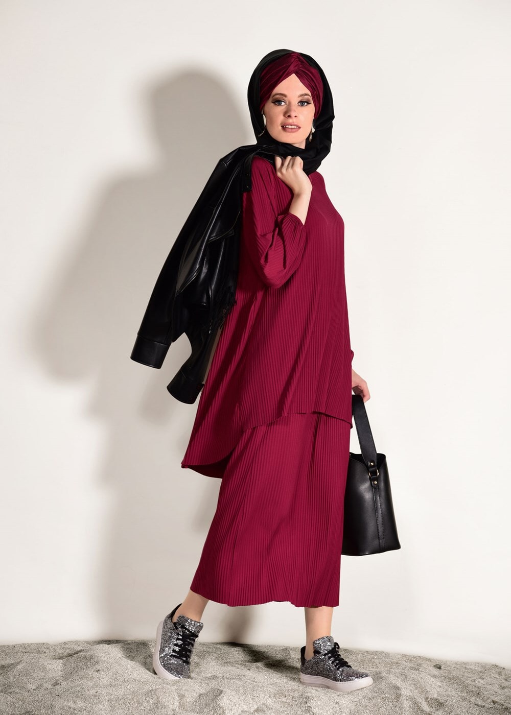 Vêtements hijab ROUGE BORDEAUX COSTUME JUPE PLISSÉE 3526
