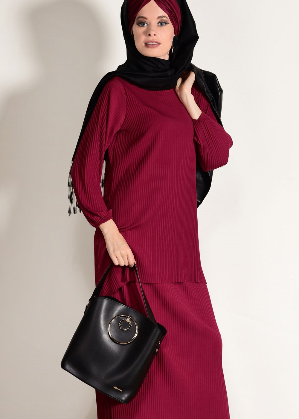 Vêtements hijab ROUGE BORDEAUX COSTUME JUPE PLISSÉE 3526