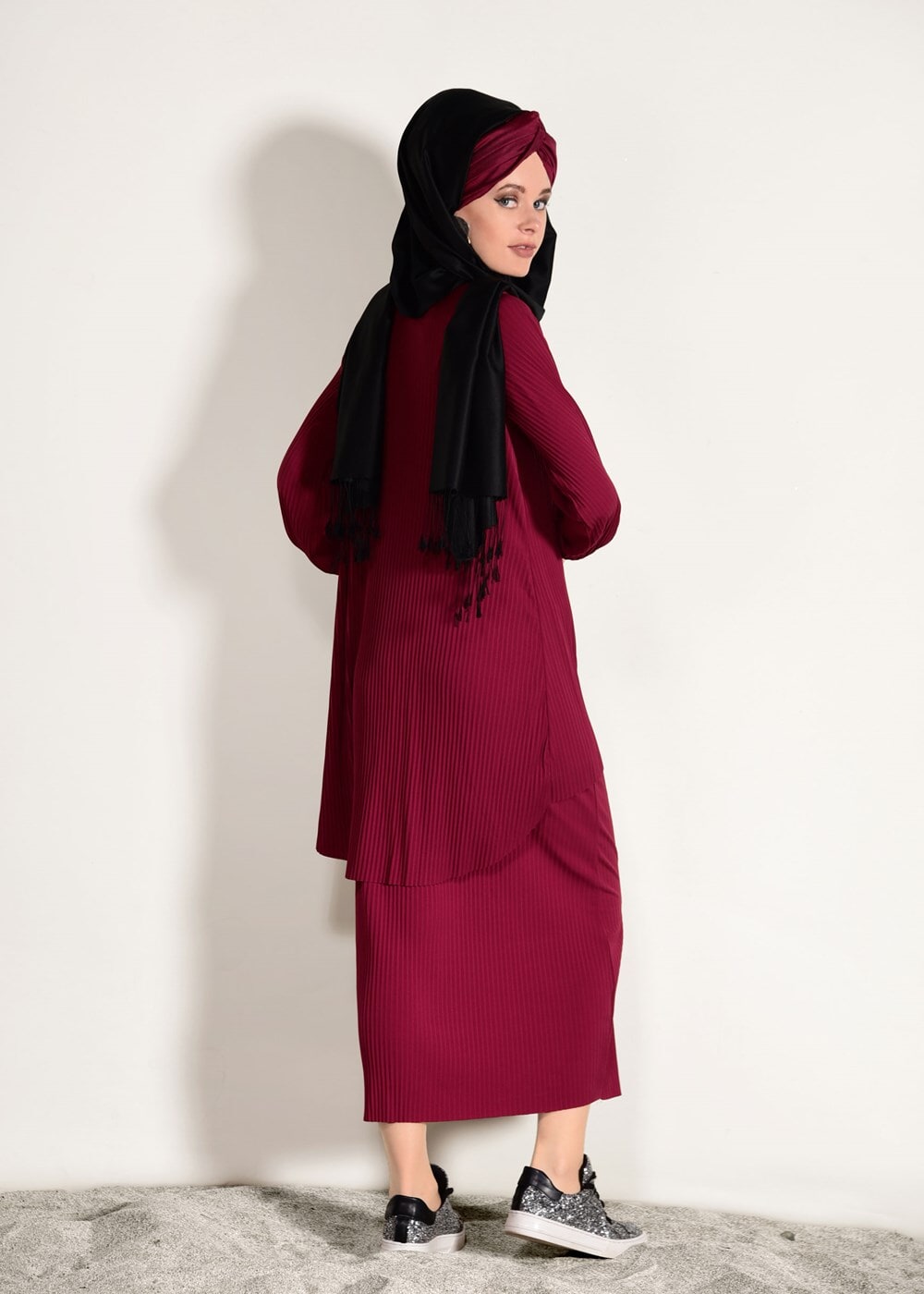 Vêtements hijab ROUGE BORDEAUX COSTUME JUPE PLISSÉE 3526