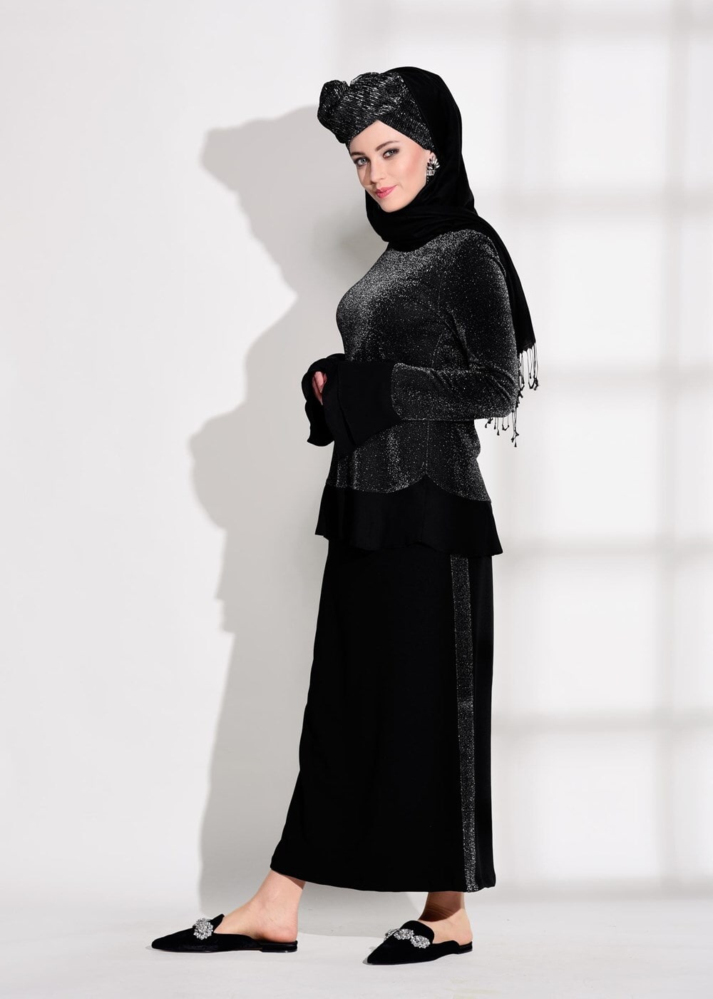 Vêtements hijab NOIR COSTUME JUPE ARGENT 4756