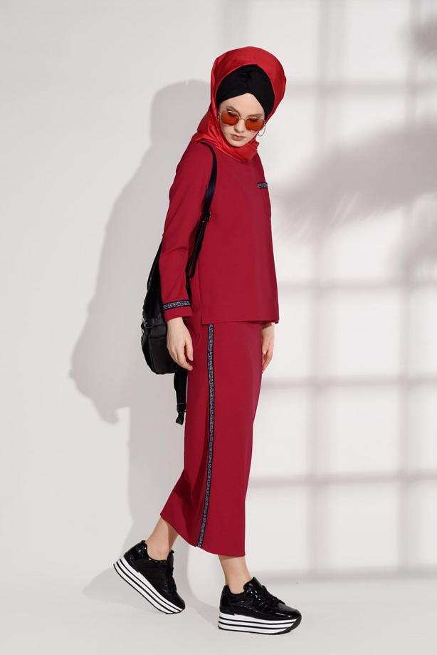 Tesettür giyim  ŞERİT DETAYLI 2′Lİ ETEKLİ TAKIM 8004  - TRENDTESETTÜR