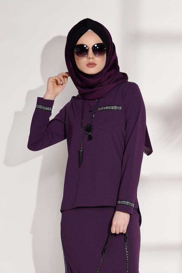 Tesettür giyim  ŞERİT DETAYLI 2′Lİ ETEKLİ TAKIM 8004  - TRENDTESETTÜR