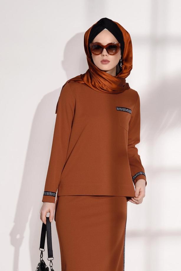 Tesettür giyim  ŞERİT DETAYLI 2′Lİ ETEKLİ TAKIM 8004  - TRENDTESETTÜR