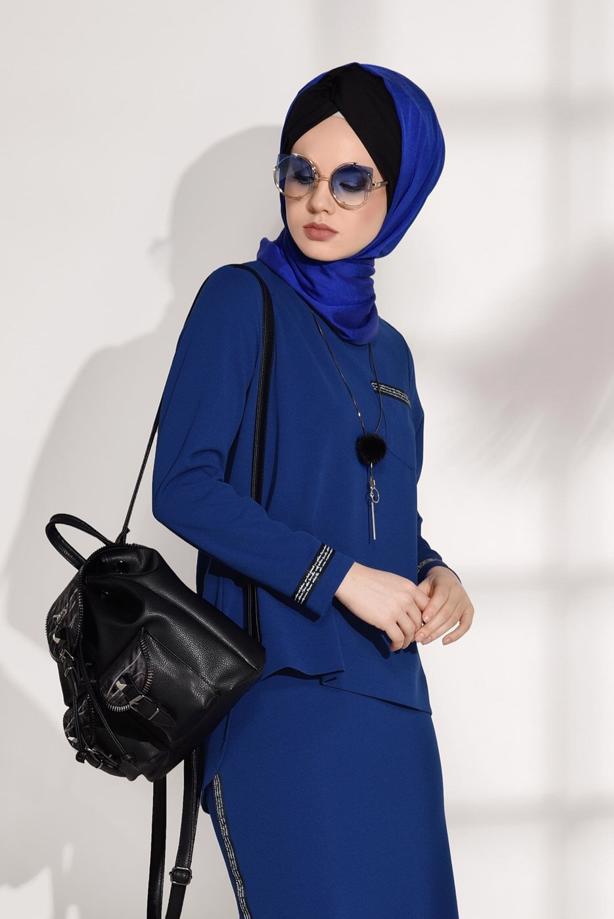 Tesettür giyim  ŞERİT DETAYLI 2′Lİ ETEKLİ TAKIM 8004  - TRENDTESETTÜR