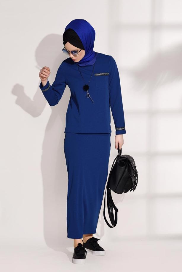 Tesettür giyim  ŞERİT DETAYLI 2′Lİ ETEKLİ TAKIM 8004  - TRENDTESETTÜR