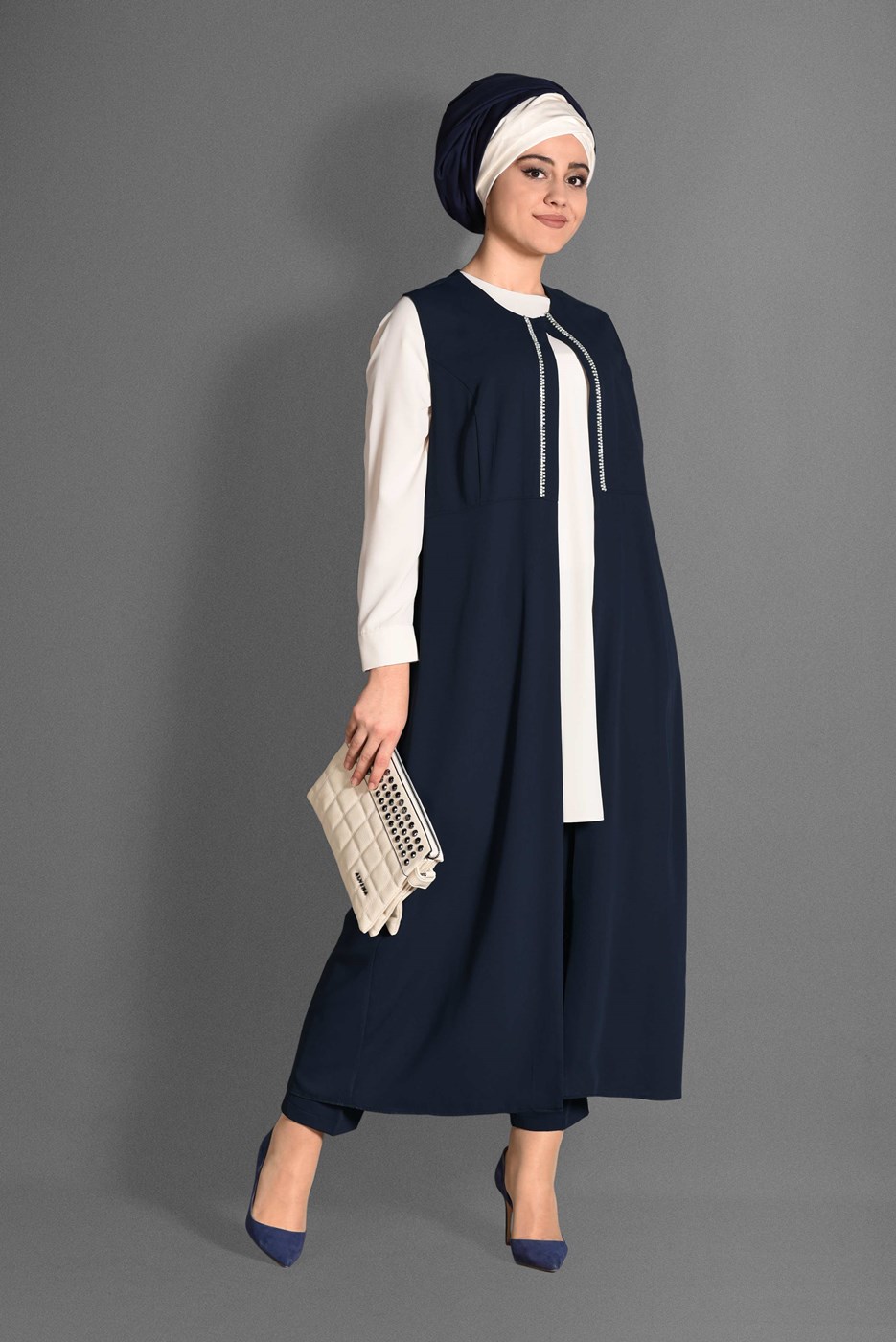 Vêtements hijab BLEU MARINE COSTUME 3 PIÈCES AVEC PANTALON 3362P-1