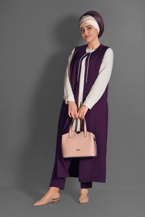 Tesettür giyim MÜRDÜM TAŞ ŞERİT DETAYLI 3′LÜ PANTOLONLU TAKIM  3362-1 - TRENDTESETTÜR