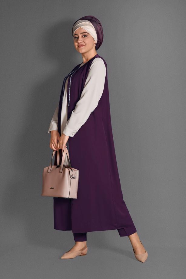 Tesettür giyim MÜRDÜM TAŞ ŞERİT DETAYLI 3′LÜ PANTOLONLU TAKIM  3362-1 - TRENDTESETTÜR