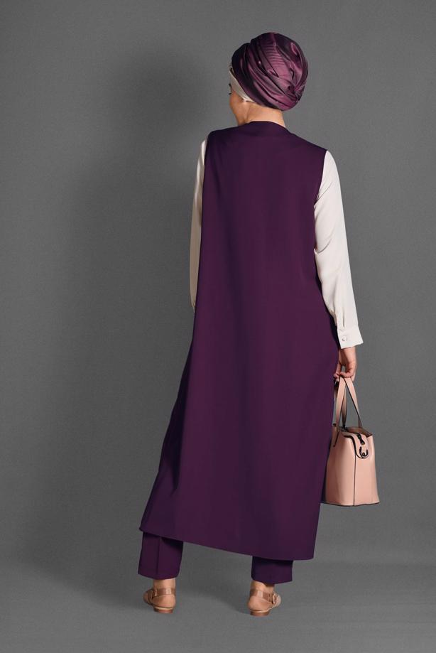 Tesettür giyim MÜRDÜM TAŞ ŞERİT DETAYLI 3′LÜ PANTOLONLU TAKIM  3362-1 - TRENDTESETTÜR