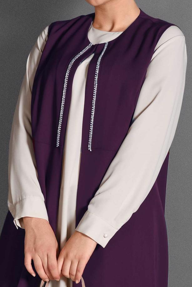 Tesettür giyim MÜRDÜM TAŞ ŞERİT DETAYLI 3′LÜ PANTOLONLU TAKIM  3362-1 - TRENDTESETTÜR