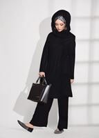 Tesettür giyim SİYAH İNCİ DETAYLI SİMLİ PANTOLONLU TAKIM 03781 