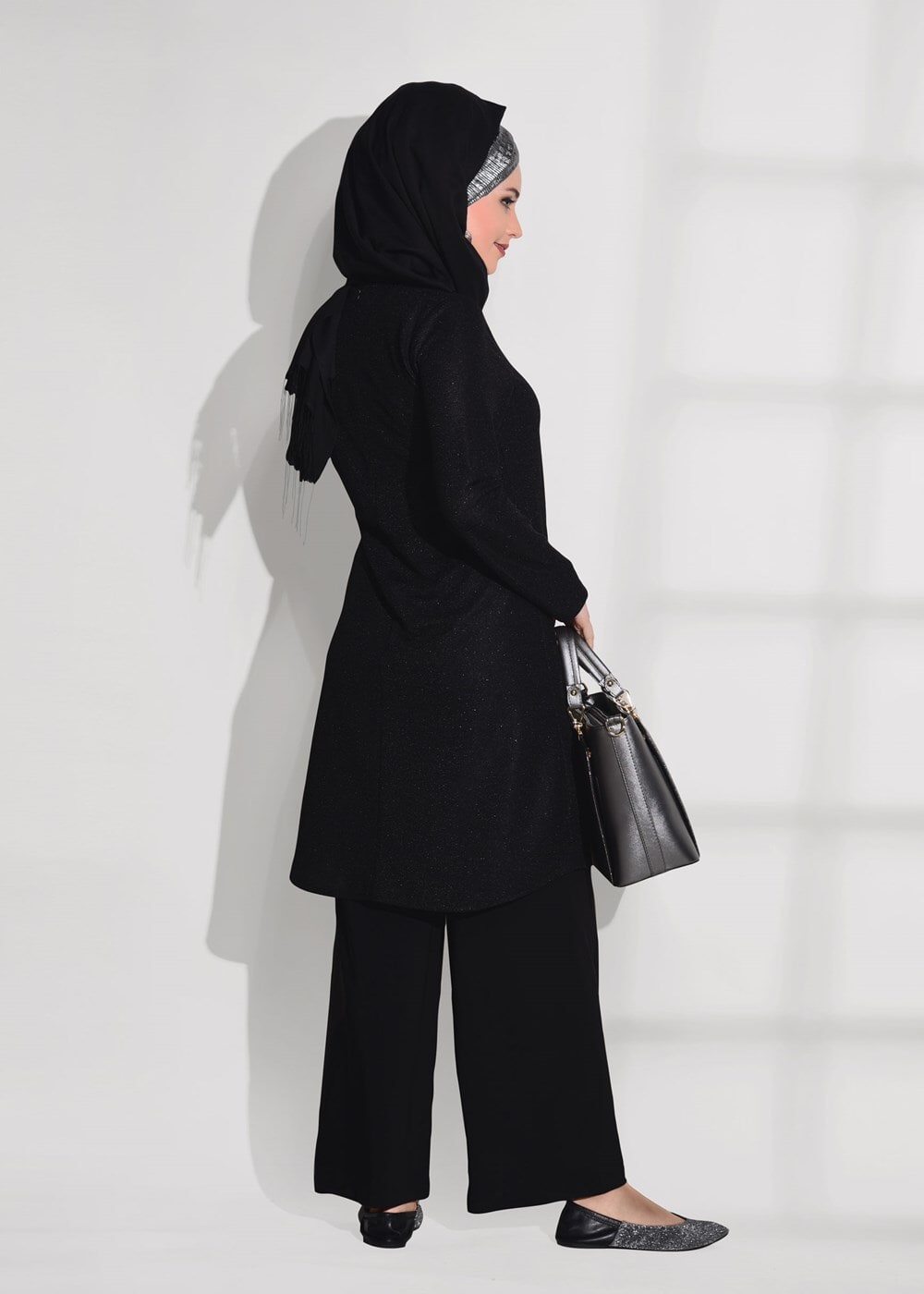 Tesettür giyim SİYAH İNCİ DETAYLI SİMLİ PANTOLONLU TAKIM 03781 