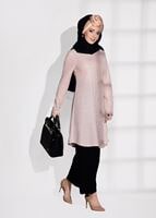 Tesettür giyim PUDRA İNCİ DETAYLI SİMLİ PANTOLONLU TAKIM 03781 