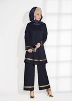 Tesettür giyim LACİVERT T 11181 Elegance- Pul Payet Pantolonlu Takım