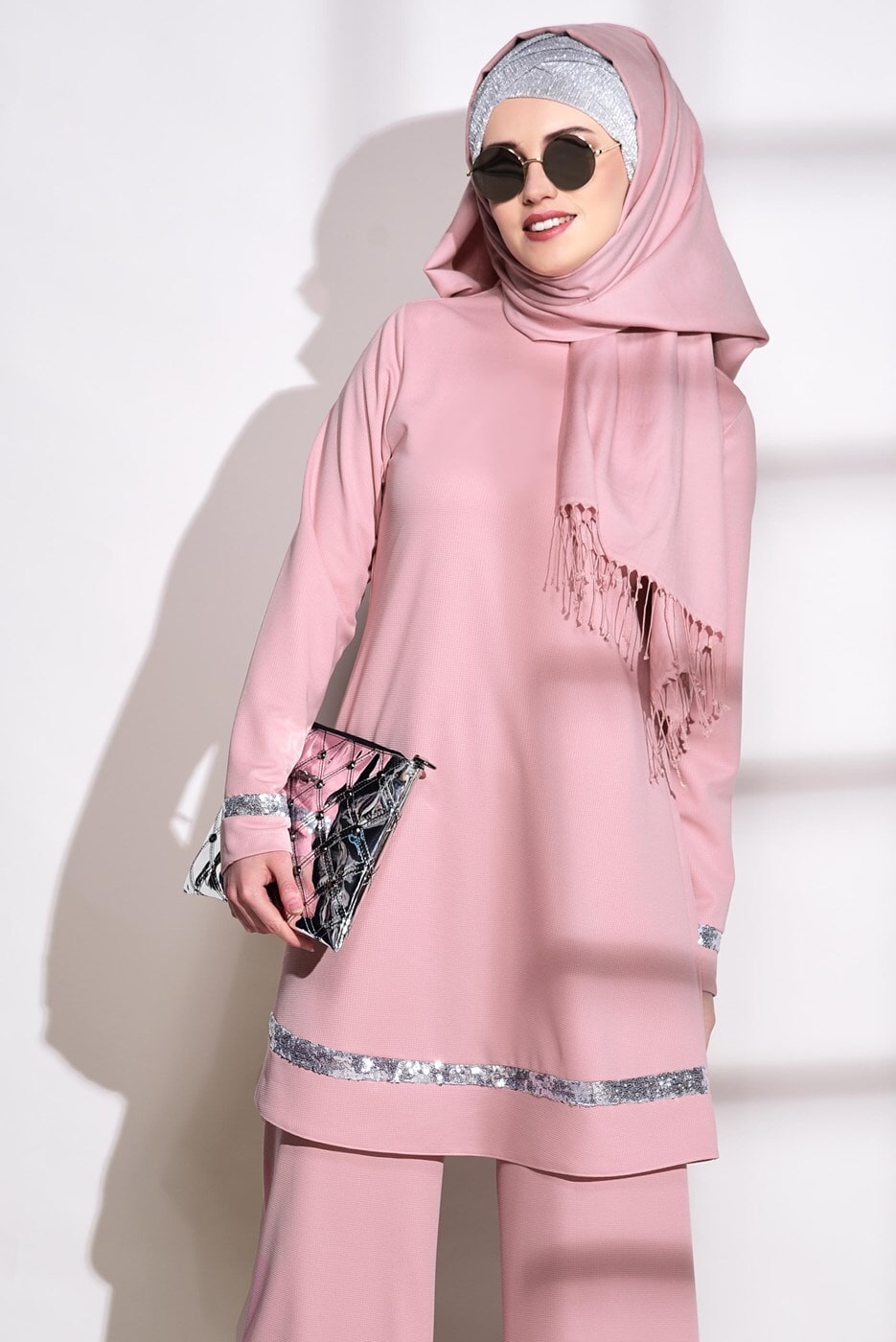 Tesettür giyim PUDRA T 11181 Elegance- Pul Payet Pantolonlu Takım