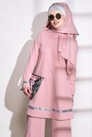 Tesettür giyim PUDRA T 11181 Elegance- Pul Payet Pantolonlu Takım