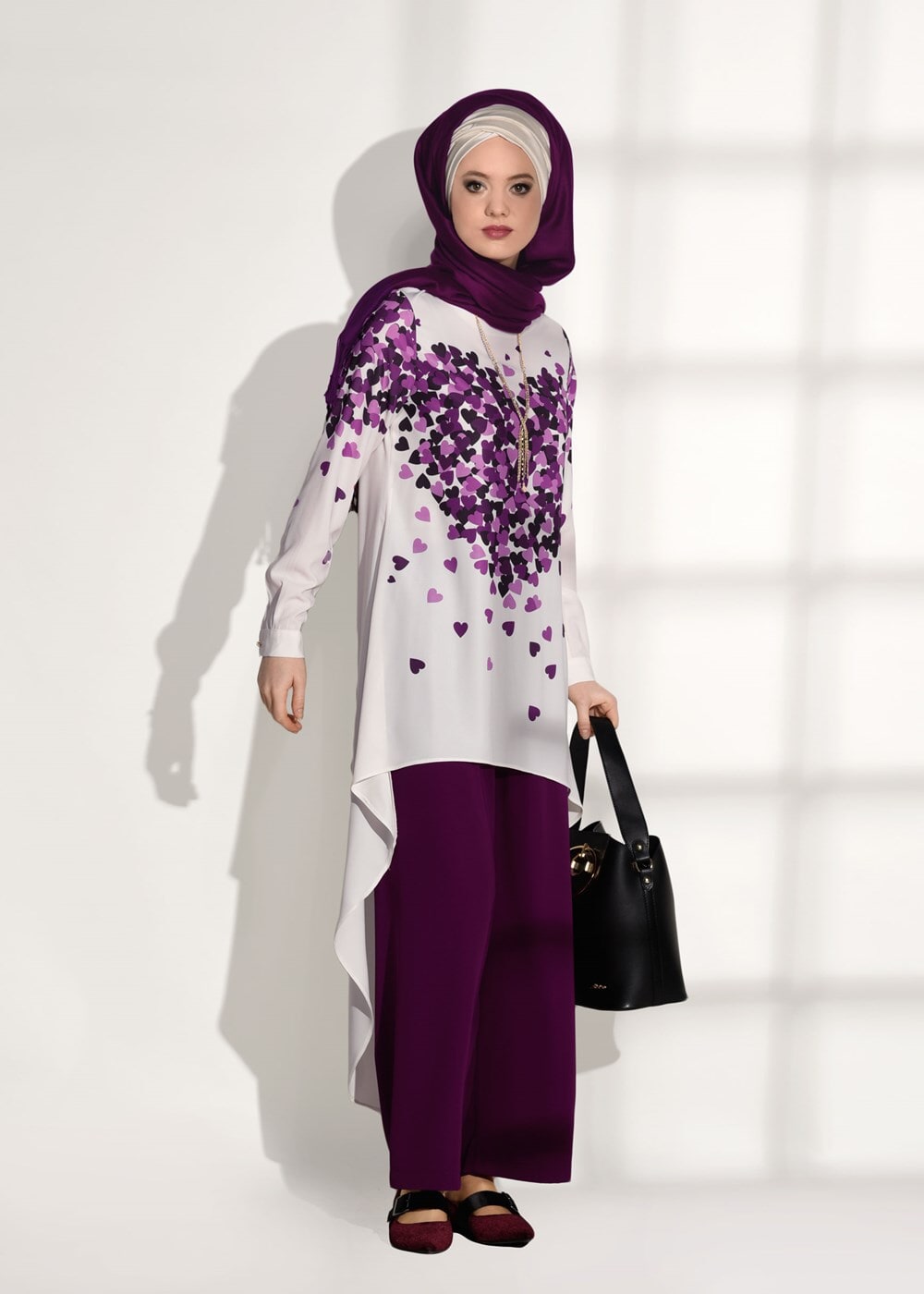 Tesettür giyim MOR ASİMETRİK KESİM PANTOLONLU TAKIM 20781 