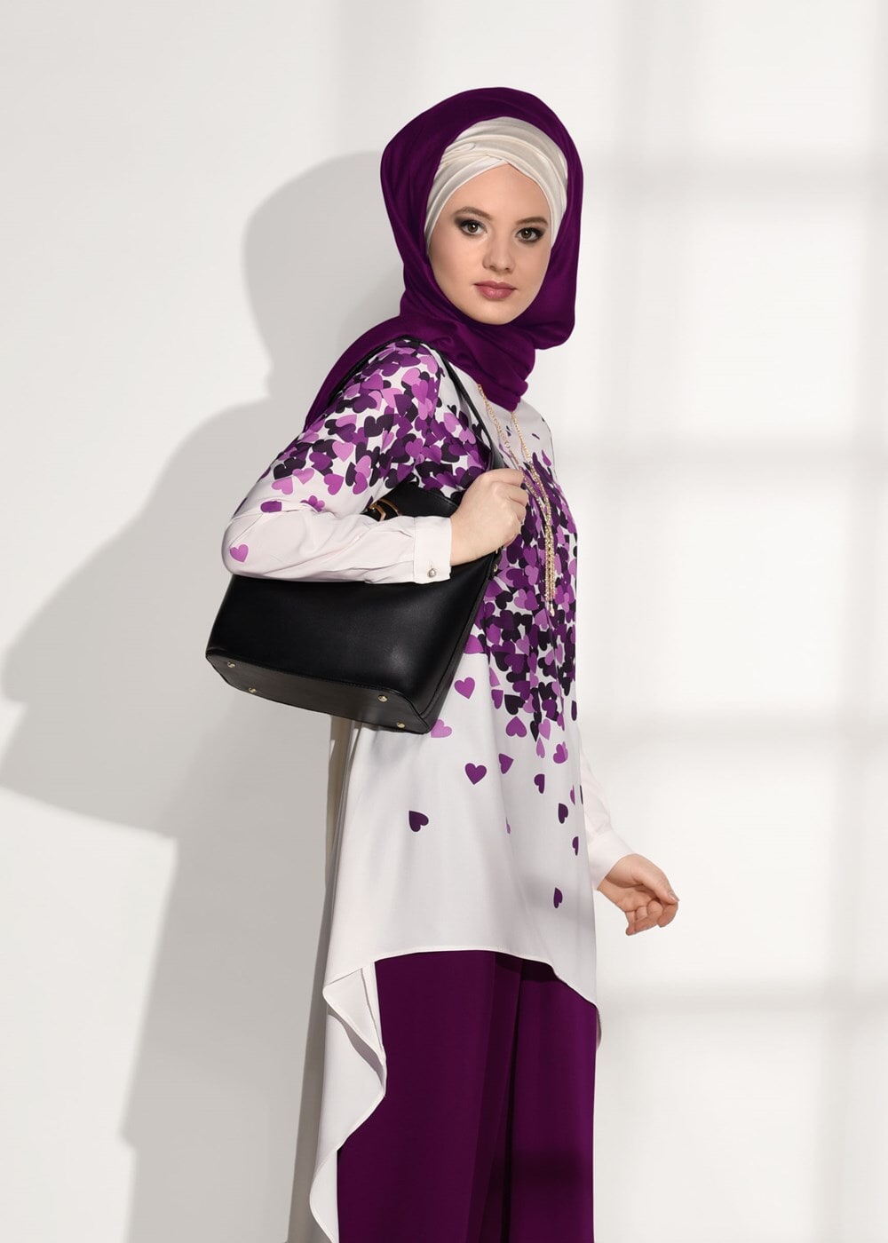 Tesettür giyim MOR ASİMETRİK KESİM PANTOLONLU TAKIM 20781 