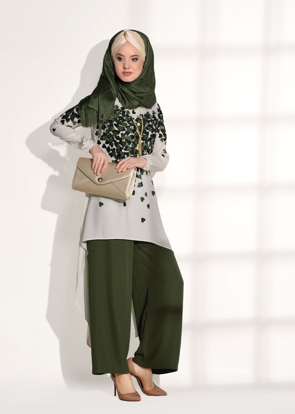 Tesettür giyim HAKİ ASİMETRİK KESİM PANTOLONLU TAKIM 20781 