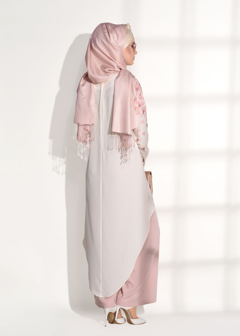 Tesettür giyim PUDRA ASİMETRİK KESİM PANTOLONLU TAKIM 20781 