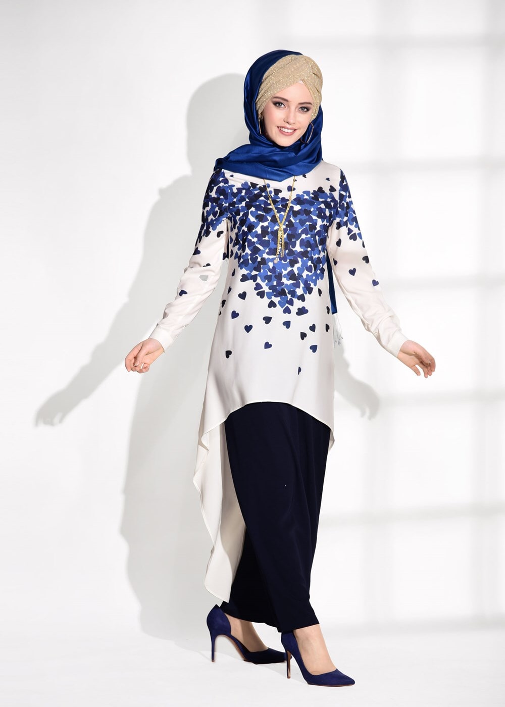 Tesettür giyim LACİVERT ASİMETRİK KESİM PANTOLONLU TAKIM 20781 